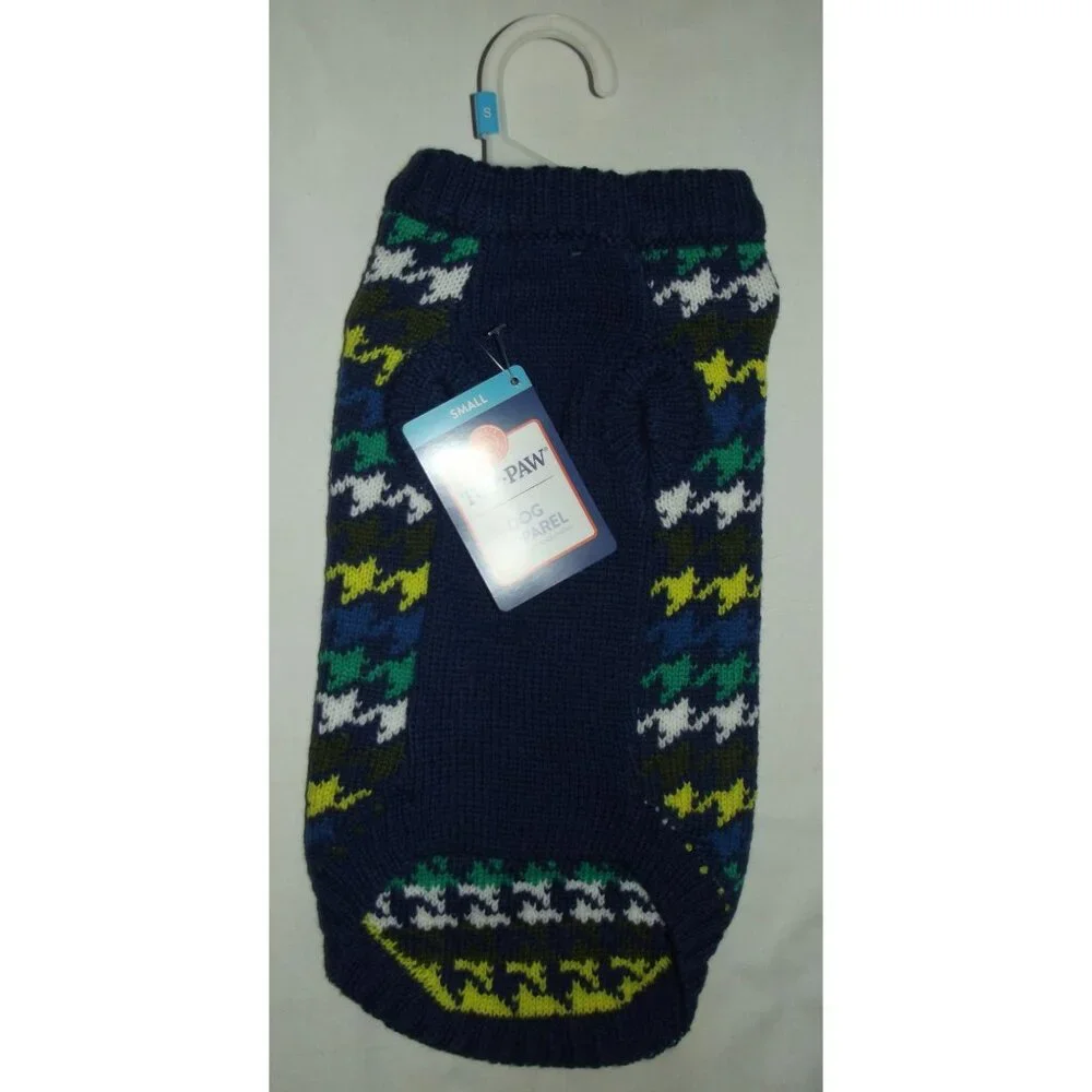 Top Paw Dog Sweater Size Small navy blue houndstooth print green yellow gray